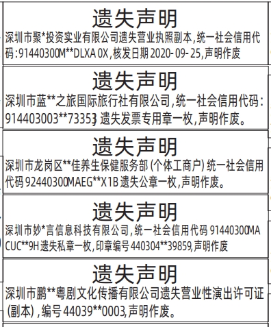 深圳登报深圳特区报报纸图：营业执照、公章（法定名称章）、财务专用章、发票专用章、营业性演出许可证遗失声明登报范本的图样