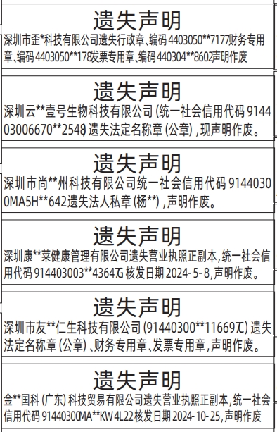深圳登报深圳特区报报纸图：营业执照、法定名称章（公章）、财务专用章、发票专用章、行政章、（带编码）遗失声明登报范本的图样