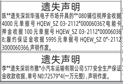 深圳登报深圳特区报报纸图：遗失深圳华强电子市场开具的铺位税押金收据、履约保证金收据，安全生产保证金收款收据登报范本的图样