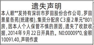 深圳登报深圳特区报报纸图：遗失集资房收款收据登报范本的图样