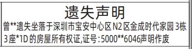 深圳登报深圳特区报报纸图：遗失房屋所有权证登报范本的图样